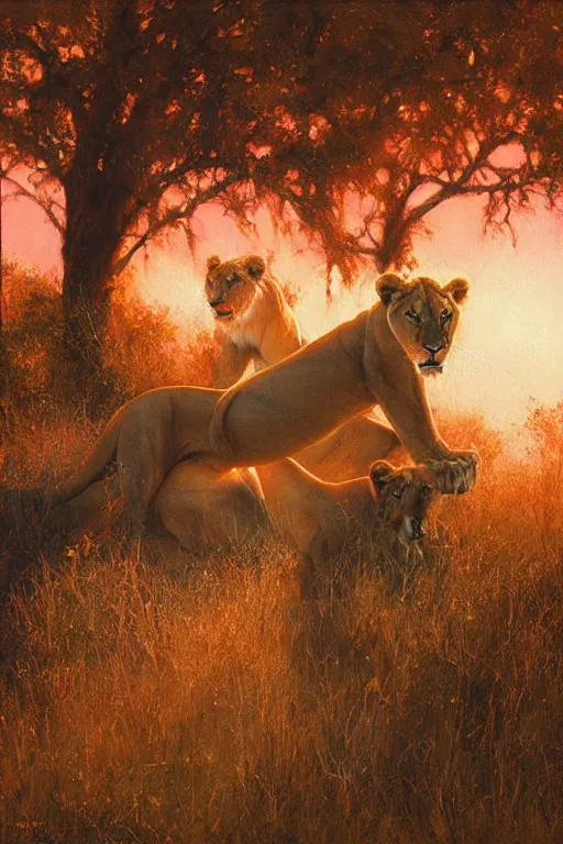 Image similar to spiritual twin flame lioness hunting art, pink sunset hue, highly detailed, oil painting hue, by craig mullins