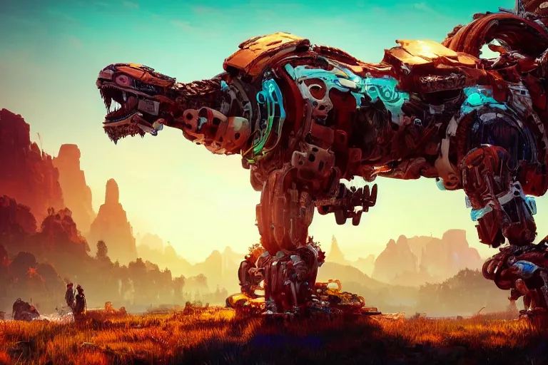 Image similar to snapmaw machine mecanical creature robot of horizon forbidden west horizon zero dawn radiating a glowing aura global illumination ray tracing hdr fanart arstation by ian pesty and alena aenami artworks in 4 k