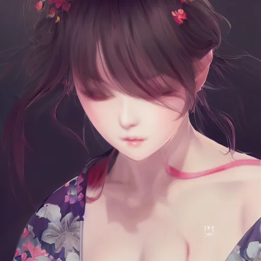 Image similar to realistic beautiful gorgeous natural cute drunk blushed girl in kimono art drawn full HD 4K highest quality in artstyle by professional artists WLOP, Taejune Kim, yan gisuka, JeonSeok Lee, artgerm, Ross draws, Zeronis, Chengwei Pan on Artstation