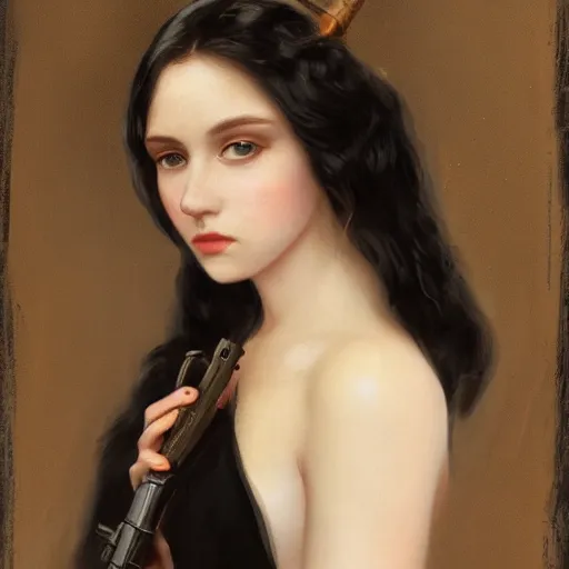 Image similar to a beautiful young woman, pale skin, black long hair, aristocrat, black expensive dress from 1 8 6 0, holding a rifle, oil painting, digital art, studio photo, realistic, artstation, high quality, wild west