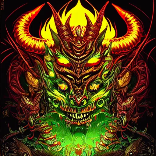 Prompt: barong family member, wiwek, mara demon, one single tribe member, jungle, one single mask, dark, ancient warrior, snake, dragon, devil, satan, diablo, evil, darkness, hell, horns, tribal, inner glow, art by dan mumford and justin gerard