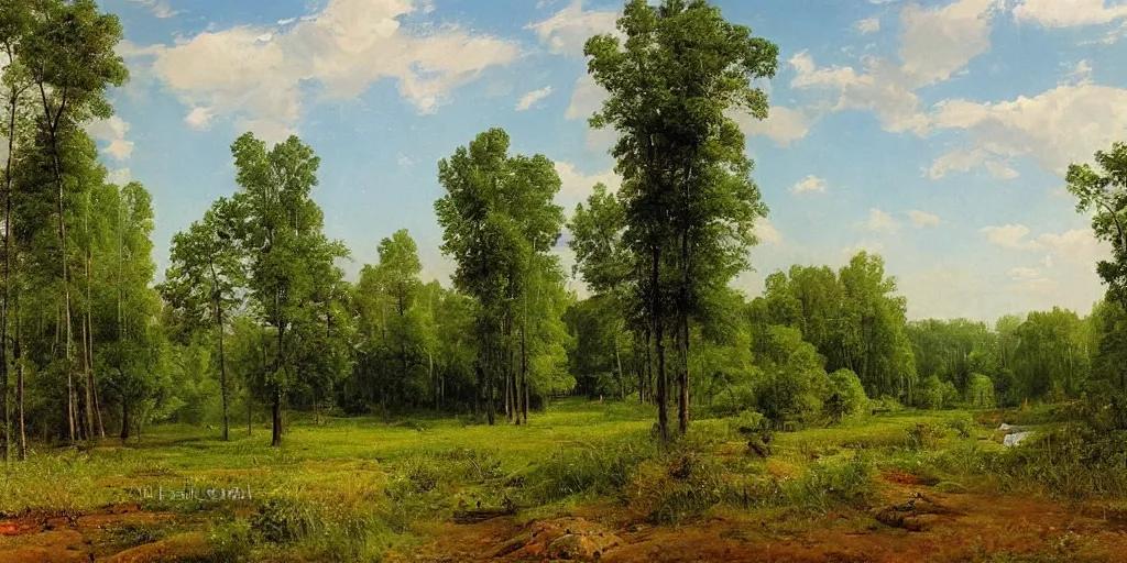 Prompt: summer landscape, blooming lush field, forest, river, matte painting, by Isaac Levitan and Vasily Perov