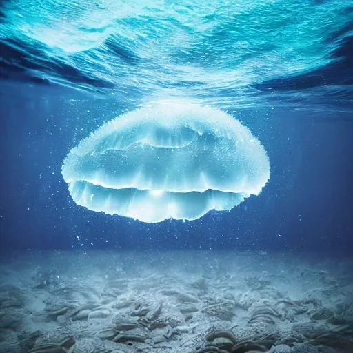 Image similar to ocean floor, jelly fish, landscape, night, glow in dark, by wlop, cinematic, dark