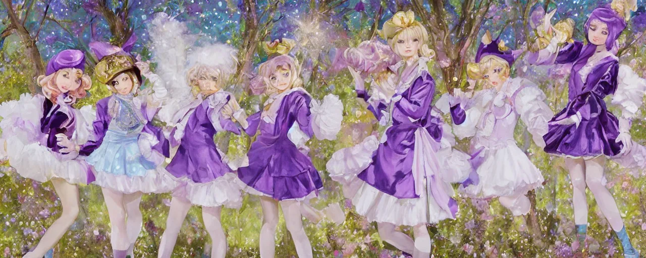 Prompt: A painting of many cute magical girls with short blond hair wearing an oversized purple Beret, A purple and white dress uniform, Short Puffy pants made of silk, a fluffly petticoat, pointy jester shoes, a big billowy scarf, Golden Ribbon, and white leggings Covered in stars. Short Hair. Sunlit. Haute Couture.Art by william-adolphe bouguereau and Paul Delaroche and Alexandre Cabanel and Lawrence Alma-Tadema. Smooth. Elegant. Highly Detailed. Intricate. 4K. UHD. Denoise.