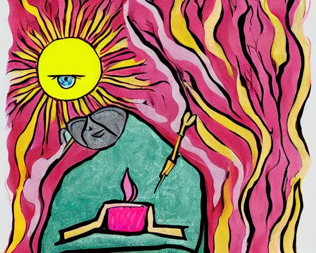 Image similar to small creature in white robe with glowing pink eyes and sun ray flame hair holding lit matches and singing, traditional folk art style, gouache on paper, outsider art, David Palladini, Mu Pan, Carson Ellis, Julia Sarda