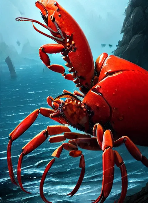 Image similar to portrait of epic lobster. highly detailed, digital painting, concept art, smooth, sharp focus, illustration, art by greg rutkowski