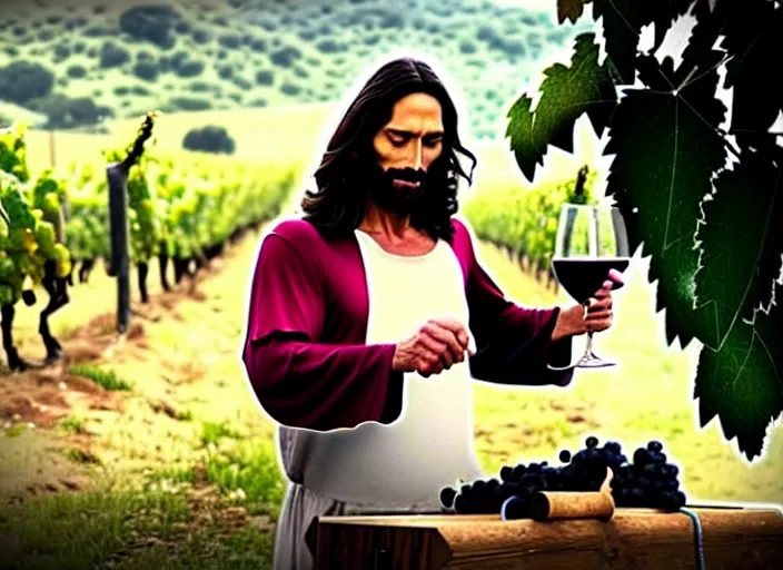 Image similar to Jesus Christ being caught making wine from water, candid photo, telephoto lens, from distance, magic trick