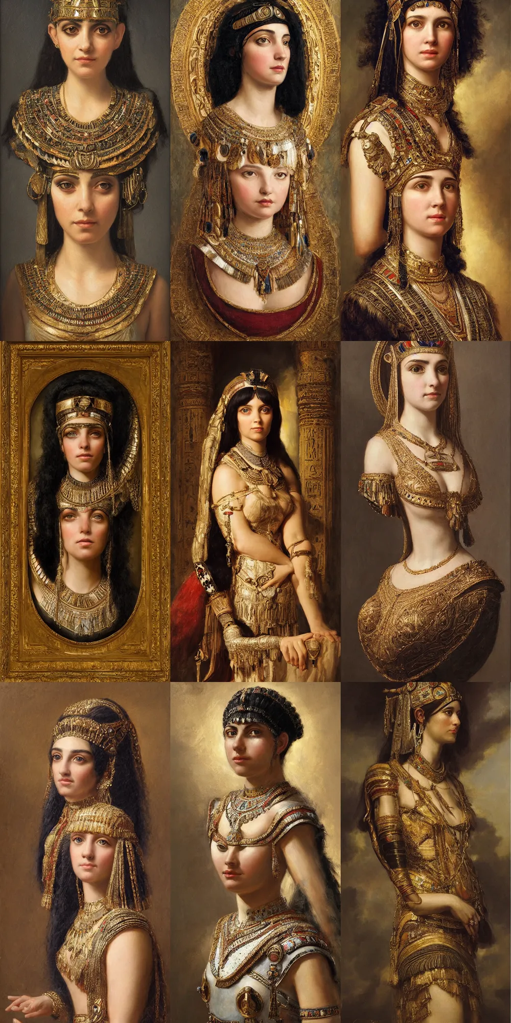 Prompt: a stunning and noble highly detailed romantic period style portrait of Cleopatra, by Josep Tapiró Baró, trending on artstation, oil painting masterpiece, symmetry, fractals, Egyptian iconography