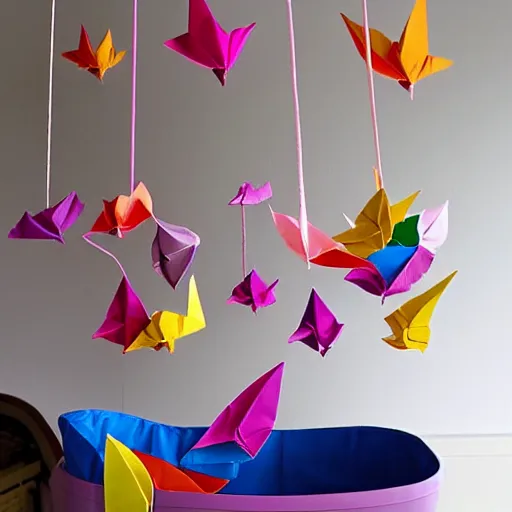 Image similar to small japanese origami colourful humans hanging from the ceiling above a baby's cot. beautiful warm lighting coming from a nearby window