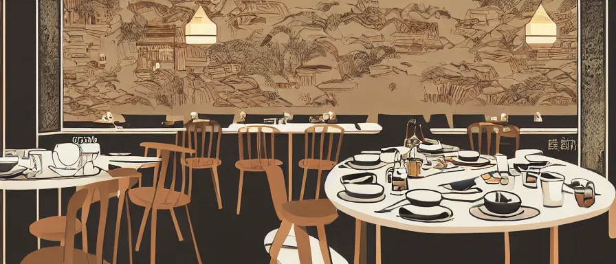 Image similar to a beautiful interior view illustration of a small roasted string hotpot restaurant of baota mountain in yan'an city, animation illustrative style, from china, restaurant wall paper is a high tower on a mountain, rectangle white porcelain table, black chair, simple style structure decoration design, victo ngai, james jean, 4 k hd