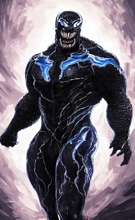 Prompt: full body portrait of venom as thanos, dynamic lighting, cinematic, ultra detailed, trending on art station, stunning visuals, creative, fantasy concept art