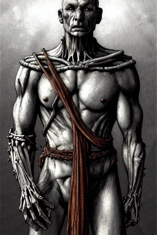 Image similar to character concept art, full view. a large grayskinned covered in scars muscular calm man with black shorn hair. calm face. partially dressed in armor made entirely of bones, long loincloth, thick belt, kneepads. extremely high details, solo, realistic, masterpiece, art by beksinski, arthur rackham, dariusz zawadzki