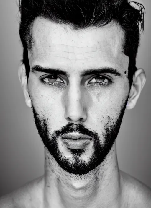 Image similar to black and white head shot, studio photograph of a male symmetrical handsome andrea belluci the painter artist, casual clothes, anxiety and depression, intricate, elegant, highly detailed, hyper realistic, dark background, flickr, smooth, 4 k, 3 0 0 dpi, sharp focus, shot by canon