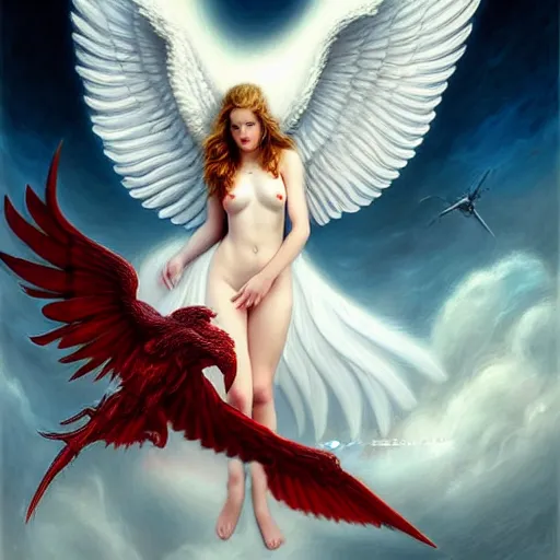 Image similar to beautiful white angel battling red winged devil, surreal, fantasy, intricate, mechanical, elegant, dramatic, highly detailed, gears, lifelike, photorealistic, digital painting, painterly, artstation, concept art, smooth, head in focus, sharp focus, background aerial battle, illustration, art by John Collier and Krenz Cushart and Artem Demura and Alphonse Mucha and Albert Aublet,