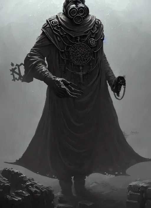 Image similar to concept art illustration of the old necromancer, wearing a wizard cloak, gas mask, in the style of angelarium, hyper detailed, intricate, complex, 8 k, crisp,