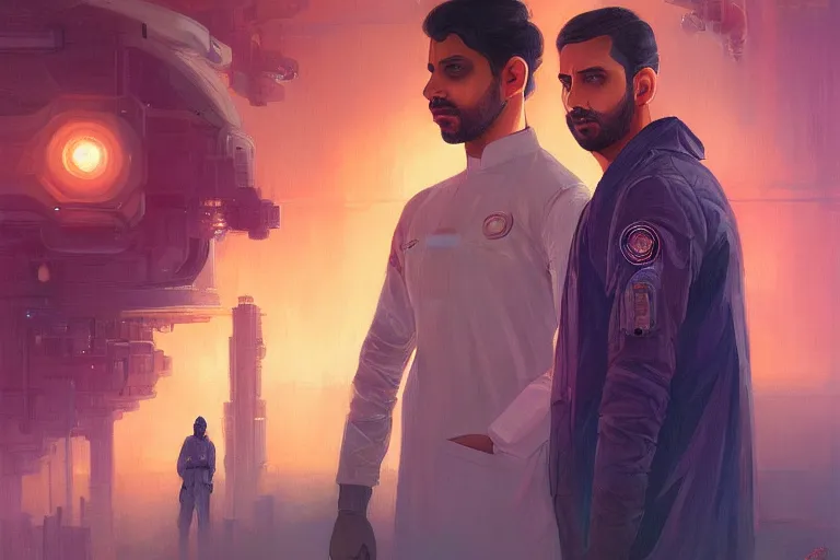 Image similar to Sensual good looking pale young Indian doctors wearing Blade Runner 2049 clothing in a space station above Earth, portrait, elegant, intricate, digital painting, artstation, concept art, smooth, sharp focus, illustration, art by artgerm and greg rutkowski and alphonse mucha