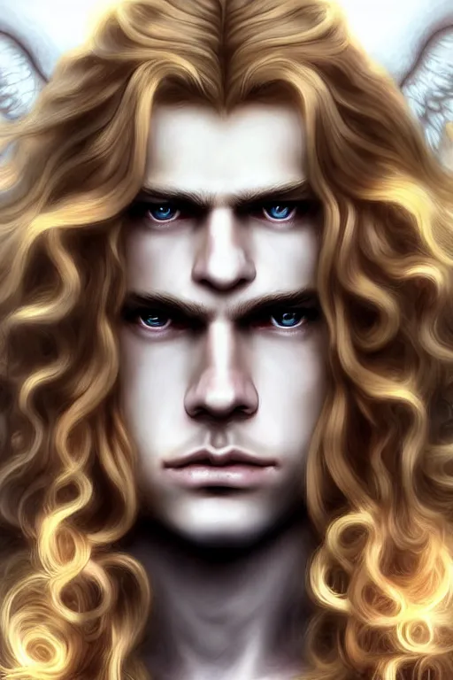 Image similar to digital art of a pale menacing Angel of Battle with long blond curls of hair and piercing eyes, young androgynous male, central composition, he commands the fiery power of resonance and wrath, very very long blond curly hair with bangs!!!, Center parted bangs, fringe, baroque curls, tight rolled drill curls, by Ross Tran Rossdraws and WLOP, Artstation, CGsociety
