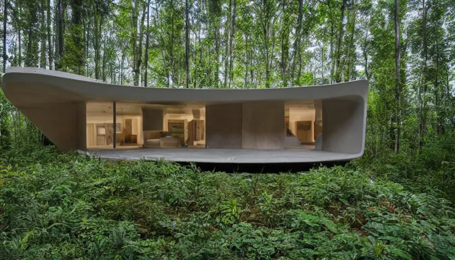 Image similar to A wide image of a full innovative contemporary 3D printed prefab sea ranch style cabin with rounded corners and angles, beveled edges, made of cement and concrete, organic architecture, in a lush green forest Designed by Gucci, Balenciaga, and Wes Anderson, golden hour