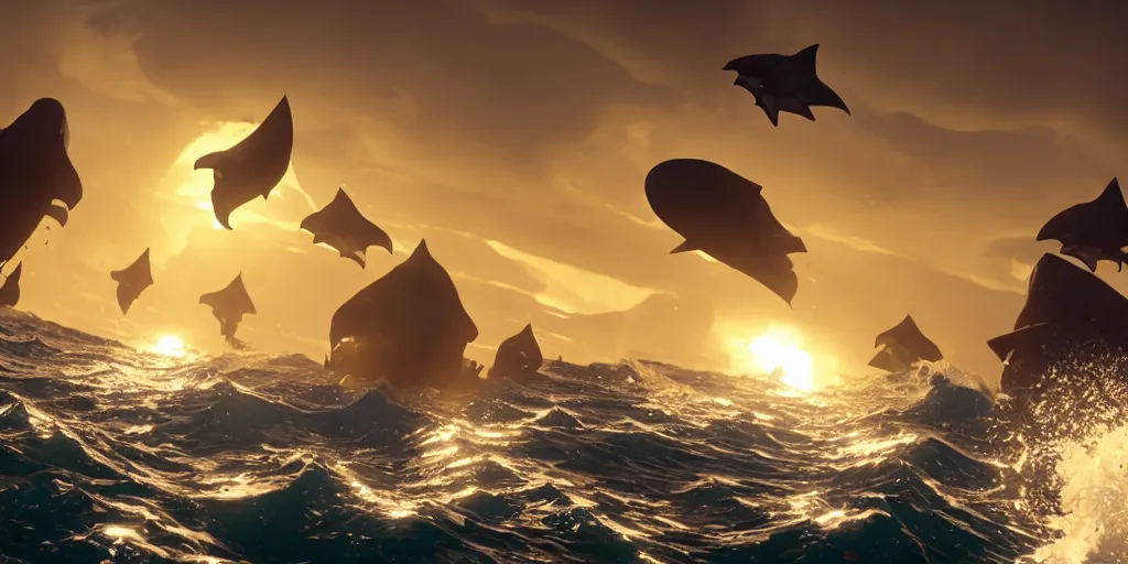 Image similar to a group of stingray, rays and sharks flying in the sky in a rough sea, sea of thieves style, unreal engine, cinematic, waves, fog, clouds, rain