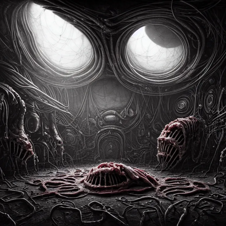 Prompt: ribbed surreal abandoned biomechanical alien spaceship interior halls on exoplanet, covered in organic flesh meat, in a desolate empty wasteland, creepy, nightmare, dream-like heavy atmosphere, surreal abandoned buildings, beautiful detailed intricate insanely detailed octane render trending on Artstation, 8K artistic photography, photorealistic, chiaroscuro, Raphael, Caravaggio, Beksinski, Giger