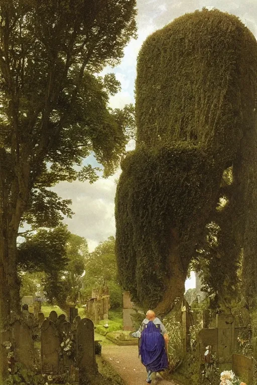 Prompt: a giant sketet in a magnificent dress walks along a cemetery along a path near a church in Manchester england, overgrown, weeds and ivy on the graves, an old twisted tree, a high stone wall, lawrence alma-tadema