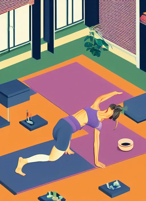 Prompt: isometric of a woman doing yoga on his living room by shusei nagaoka kaws, david rudnick, airbrush on canvas, pastell colors, cell shaded