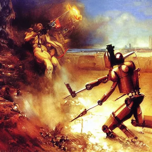 Prompt: a human painter fighting a robot, art, oil painting, by Eugene Delacroix, by Ersnt Rudolf, by Bob Eggleton, high quality, realistic human, composition