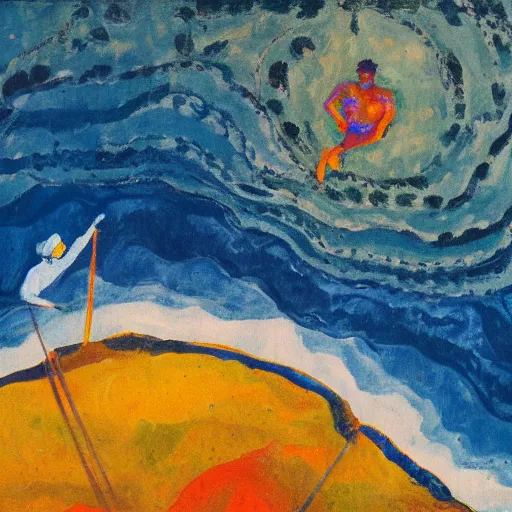 Prompt: a fauvist painting of an aerial view of a man at the bottom of a deep hole on the beach at night