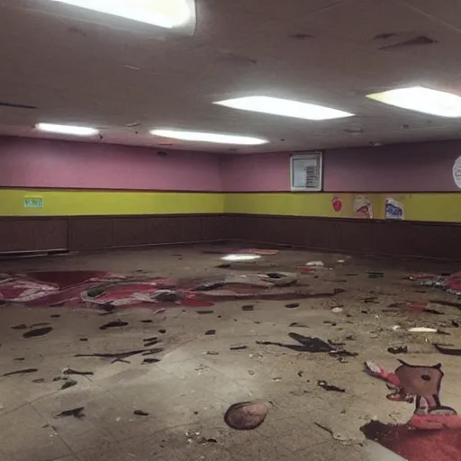 Image similar to an abandoned chuck e. cheese ’ s, no lights, scary animatronic,