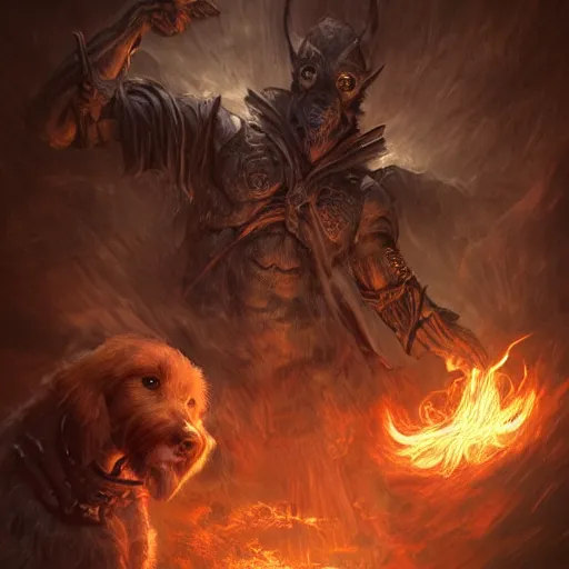 Prompt: Dog, Anthropomorphized, casting epic spell, magic the gathering artwork, D&D, fantasy, cinematic lighting, centered, symmetrical, highly detailed, digital painting, artstation, concept art, smooth, sharp focus, illustration, volumetric lighting, epic Composition, 8k, art by Akihiko Yoshida and Greg Rutkowski and Craig Mullins, heroic pose, oil painting, cgsociety, magic lab background