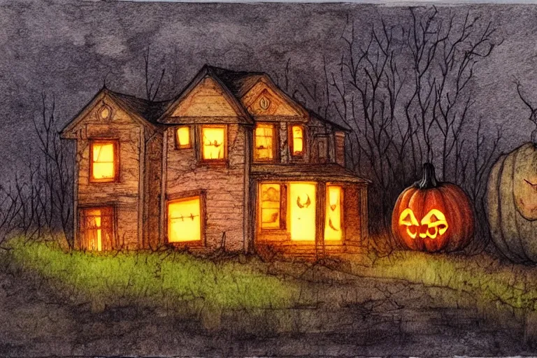 Prompt: old abandoned house on halloween night, pumpkins lit on the porch, colored pencil ink wash by scott wills and ashley wood