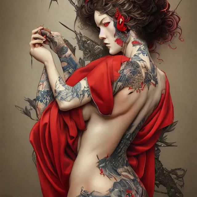 Image similar to ultra realistic illustration, beautiful woman dressed in red kimono, backview, tattoos, in the style of peter mohrbacher by weta digital and beth cavener, high face symmetry, intricate, masterpiece, award winning, high face symmetry, intricate