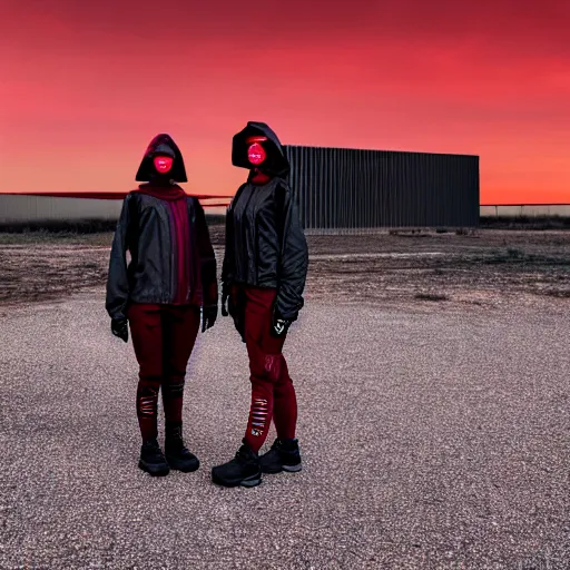 Image similar to photograph 2 techwear women in front of a brutalist metal building, on a desolate plain, red sky, sigma 8 5 mm f / 1. 4, 4 k, depth of field, high resolution, octane render, 4 k, 8 k, hd, full color