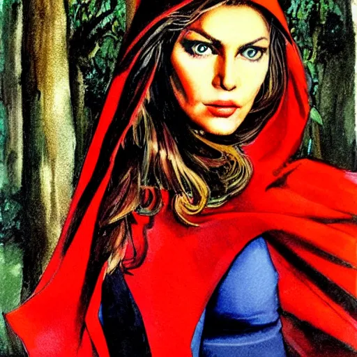 Image similar to photorealistic picture, by bob peak and alex ross and john romita jr, red riding hood lost in miami, gouache and wash paints, fine details, fine intricate, fine facial proportionate, fine body proportionate, smooth focus, sharp details, bokeh, 4 k, fine 5 k details