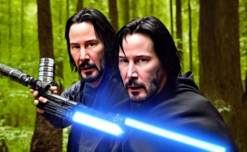 Image similar to keanu reeves as a jedi master with a blue lightsaber fighting a sith lord in an ancient bioluminescent forest, perfect symmetrical face, full moon, moody lighting, 8 k, shallow depth of field, intricate detail,