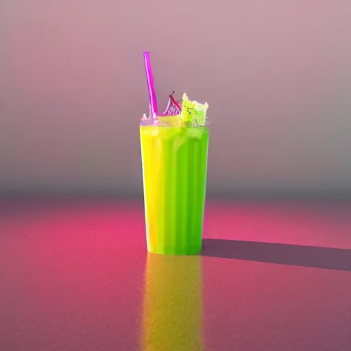 Image similar to cherry limeade smoothie in a big gulp cup, intricate complexity, neon rainbow drip paint, trending on art station, photoreal, surrealist neon drip, 8 k, octane render