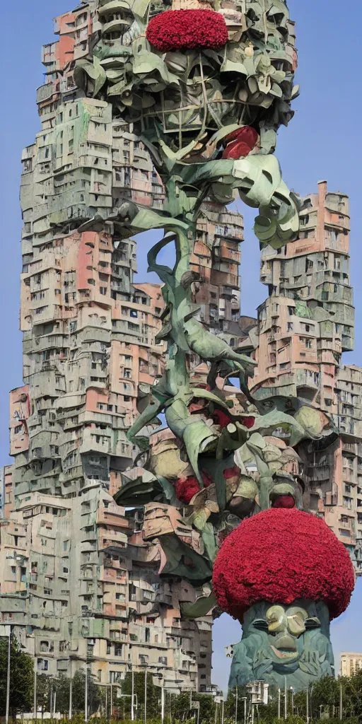 Image similar to giant grotesque flower made from communist dreams in the middle of abandoned post soviet constructivist cityscape, Stalinist architecture, ultradetailed by Hayao Miyazaki and Josan Gonzalez and Makoto Shinkai and Giuseppe Arcimboldo and Wes Anderson