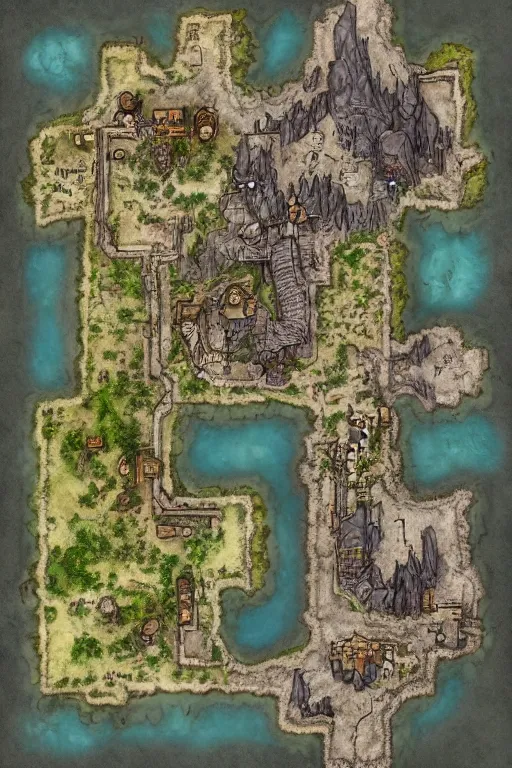Prompt: a D&D fantasy tabletop game dungeon map with rooms, barracks, halls, with connecting caverns where at the end an ominous waterfall and pool reside, high quality, hd, by WOTC, Roll20, Wonderdraft, Inkarnate, Craig Mullins, Alan Lee, John Howe, trending on artstation