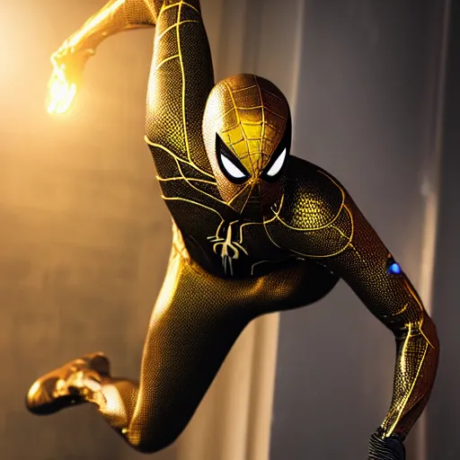 Image similar to gold spider - man suit with black web lining, cinematic, volumetric lighting, realistic, hyperdetailed, photorealistic, photograph