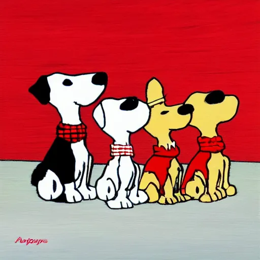 Prompt: 3 toy fox terriers flying a biplane, wearing red scarves flapping in wind, dramatic oil painting, snoopy the dog, style of charlie brown, aperture gradient