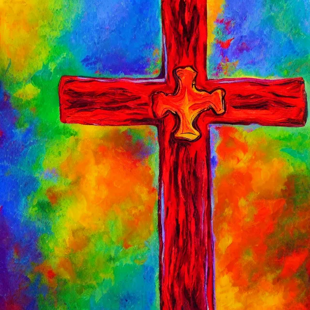 Prompt: burning cross in rainbow flames, finger oil painting