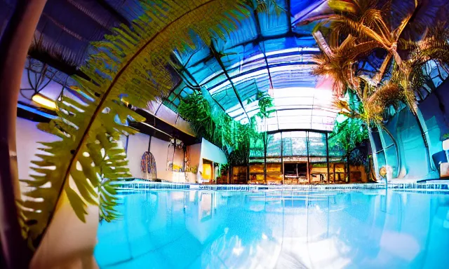 Image similar to indoor pool with ferns and palm trees at night, shops, pool tubes, chromatic abberation, dramatic lighting, dim lighting, horror lighting, depth of field, 80s photo, wideangle, fisheye