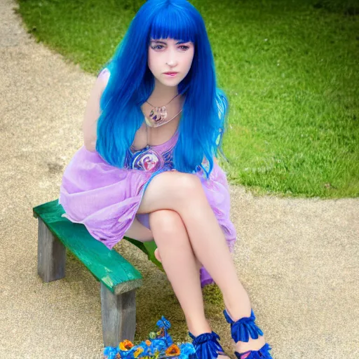 Prompt: dslr photo of a pretty young woman, full bodied portrait, with blue hair, sitting on a bench wearing a flower skirt, and body and wearing hemp sandals and a very detailed ruby necklace around neck, artgerm, artstation, very high quality face, intricate details, extremely high quality, moody lighting, real camera, real photo, 8 k, full subject in shot