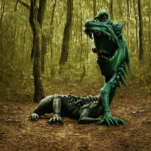 Image similar to werecreature consisting of a human and crocodile, photograph captured in a forest