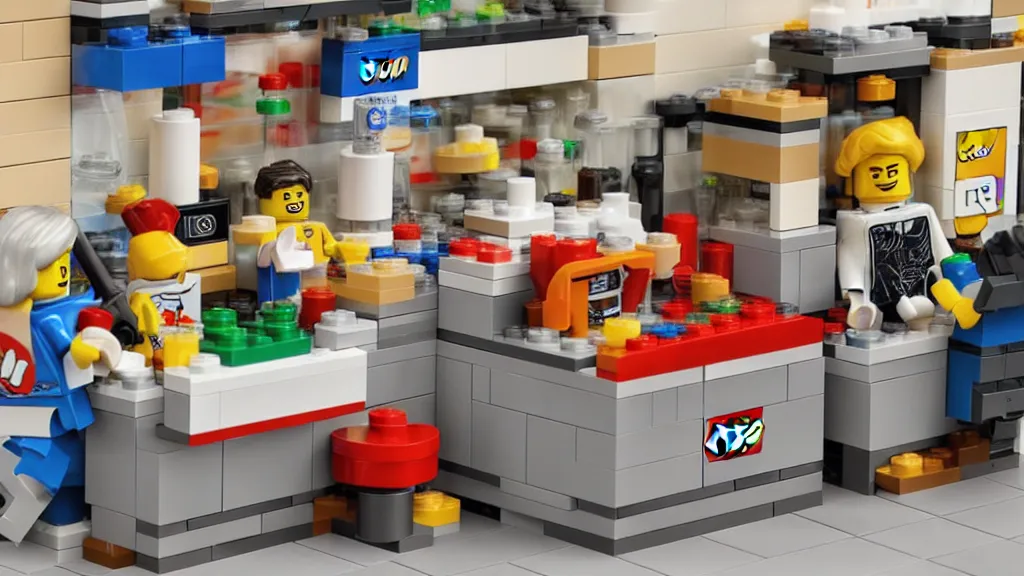 Image similar to lego art flexible convenience store robo - cashier