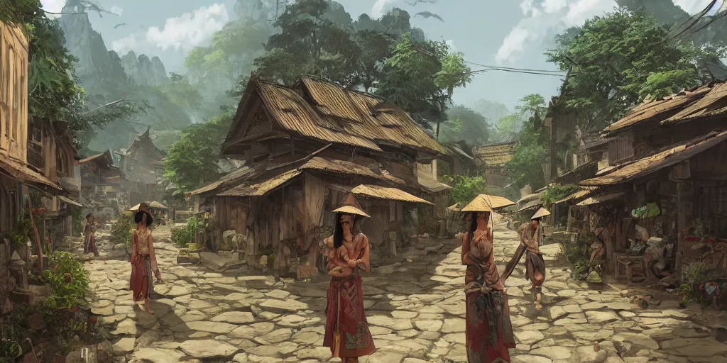 Image similar to vietnamese village scene, side scroller, 2 d game art background, sharp, detailed, intricate, game level design, cinematic lighting, ultrarealistic, photorealistic, trending on artstation, in the style of yoji shinkawa and greg rutkowski and federico pelat and wlop and karol bak and bouguereau and santiago caruso