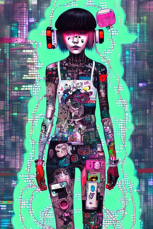 Image similar to full view, from a distance, of anthropomorphic trashcan who is cyberpunk girl, style of yoshii chie and hikari shimoda and martine johanna, highly detailed