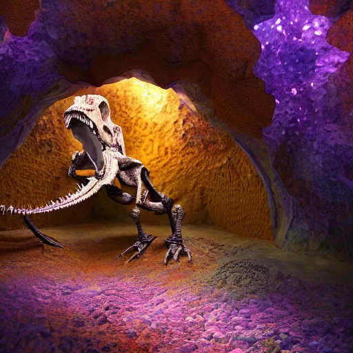 Image similar to photorealistic dinosaur skeleton inside a beautiful geode of colored crystals, volumetric lighting