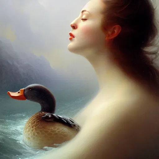 Image similar to epic portrait an woman licking a duck, wet flowing hair, sweaty skin, broad light, ambient occlusion, volumetric light effect, made by ivan aivazovsky, peter mohrbacher, greg rutkowski, hyperrealistic, hyperdetailed, matte painting, trending on artstation, 8 k, perfectly defined features, digital painting,