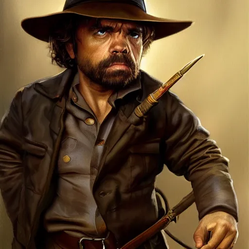 Image similar to peter dinklage as indiana jones, digital painting, extremely detailed, 4 k, intricate, brush strokes, mark arian, artgerm, bastien lecouffe - deharme